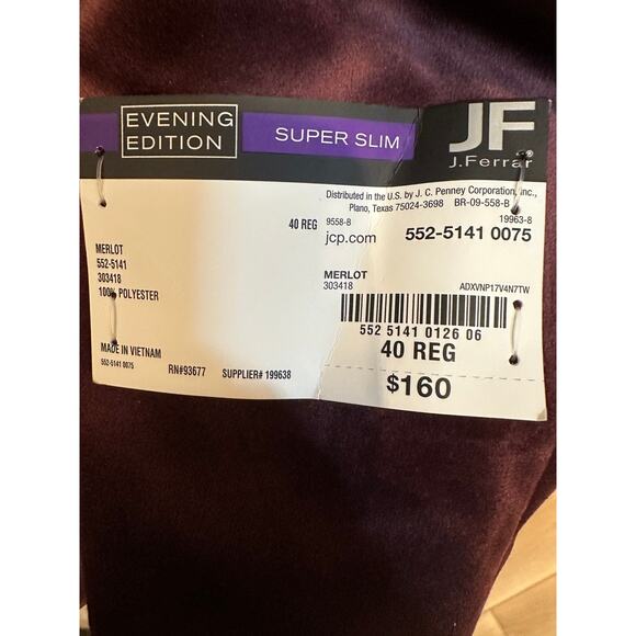 JF J. Ferrar Evening Edition Super Slim Velvet Blazer Jacket Merlot Red 40R - Picture 7 of 9